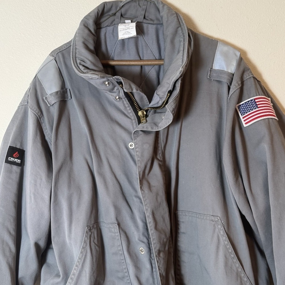 Crude Oil Work Jacket Mens L Gray FR Flame Resistant USA Flag Utility Coat